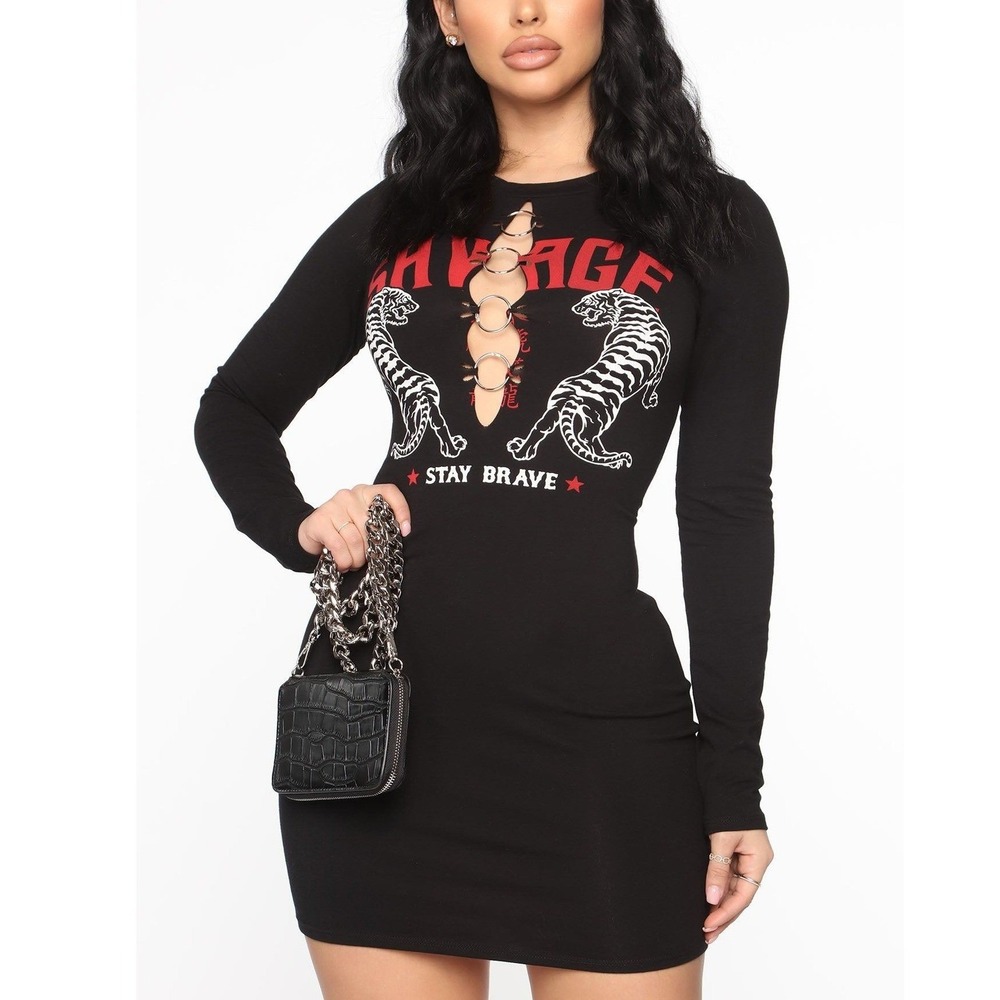 Savage Tiger O-Ring Cutout Mini Dress Black XL